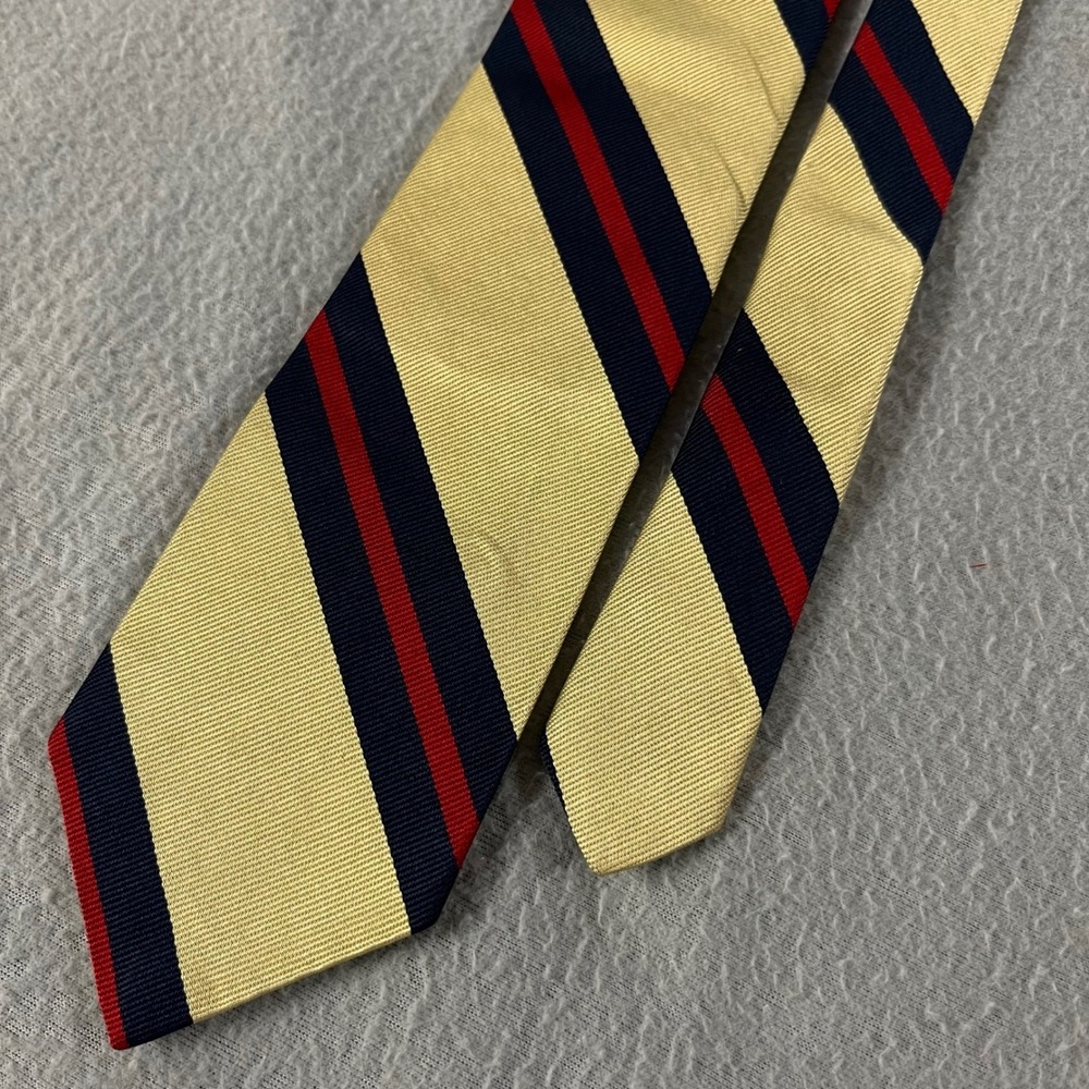 Vtg Polo Ralph Lauren Silk Repp Stripe Tie Yellow Navy Red Made in USA Hand Made
